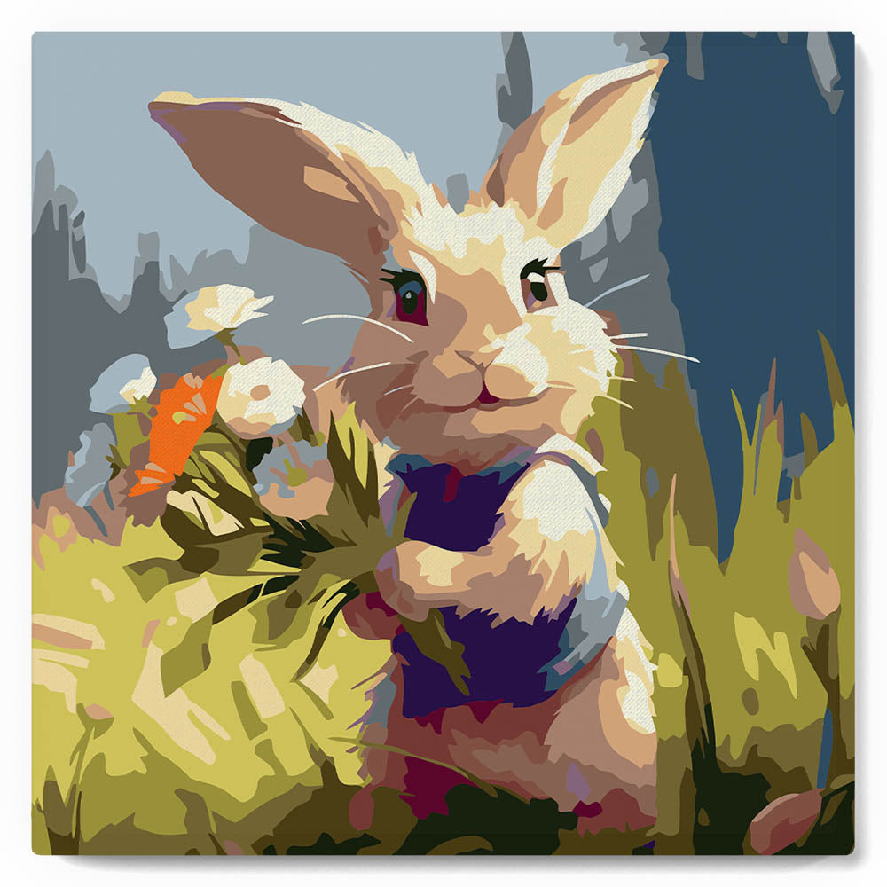 Mini Peinture Par Numéros 20X20Cm Avec Cadre Lapin Et Fleurs Sauvages