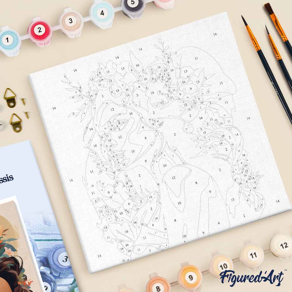 Mini Peinture Par Numéros 20X20Cm Avec Cadre Femme Au Bandeau Floral