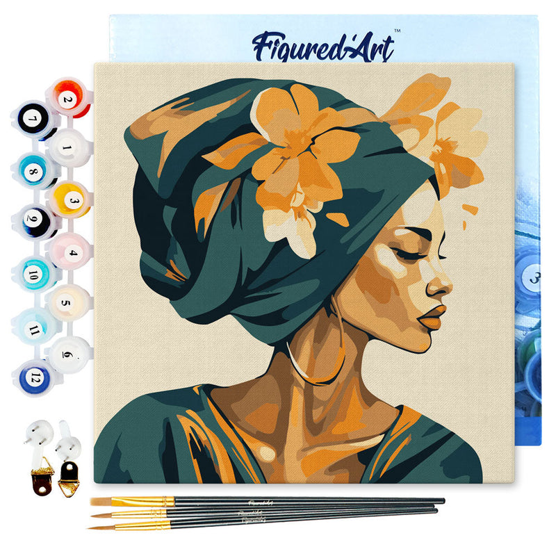 Mini Peinture Par Numéros 20X20Cm Avec Cadre Femme Au Turban Floral