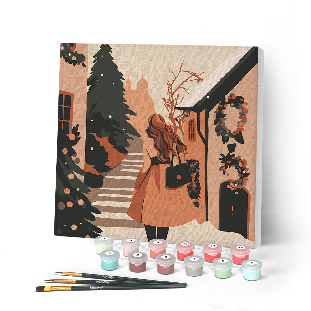 Mini Paint by Numbers 20x20cm with Frame Woman in a Festive Village