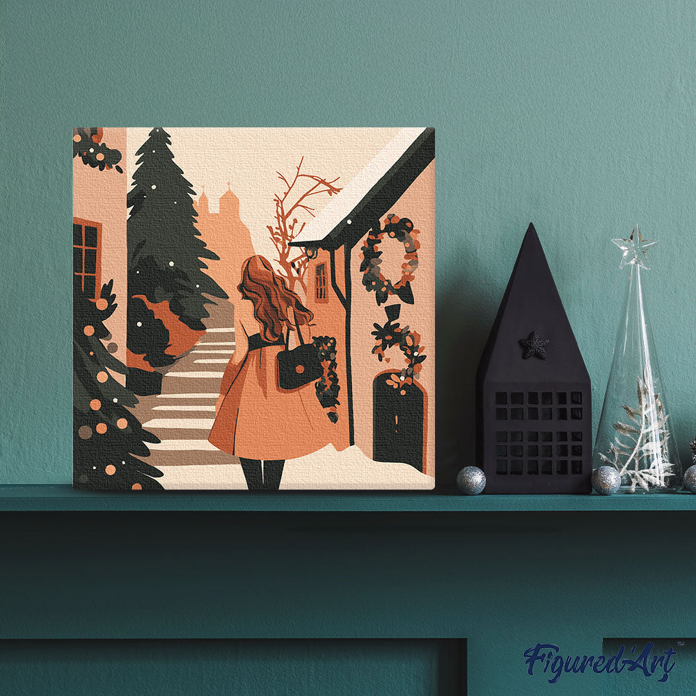 Mini Paint by Numbers 20x20cm with Frame Woman in a Festive Village