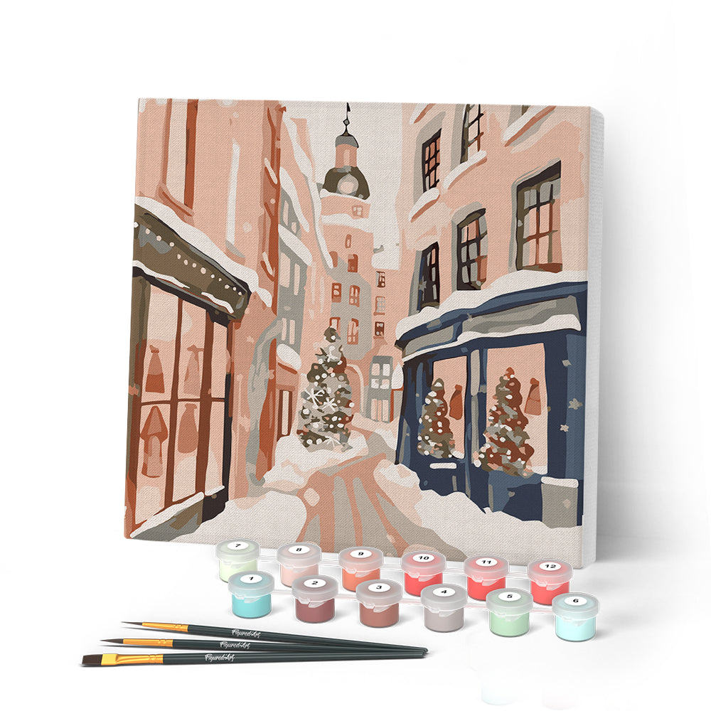 Mini Peinture Par Numéros 20X20Cm Avec Cadre Allée De Noël Enneigée