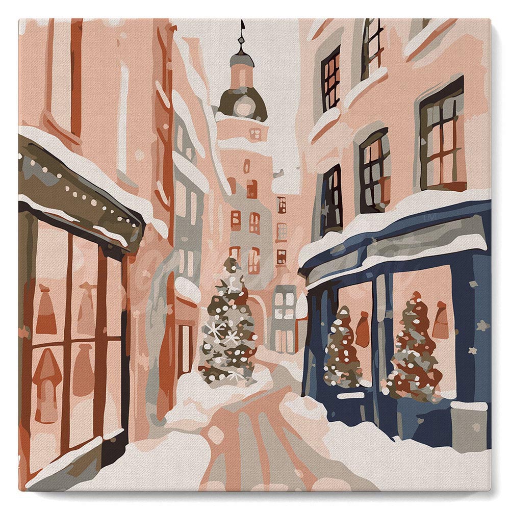 Mini Peinture Par Numéros 20X20Cm Avec Cadre Allée De Noël Enneigée