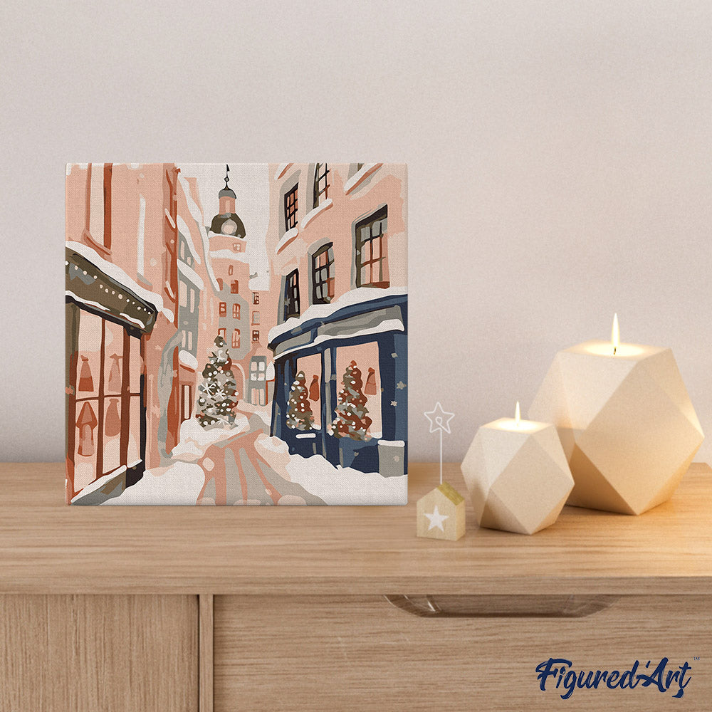Mini Peinture Par Numéros 20X20Cm Avec Cadre Allée De Noël Enneigée