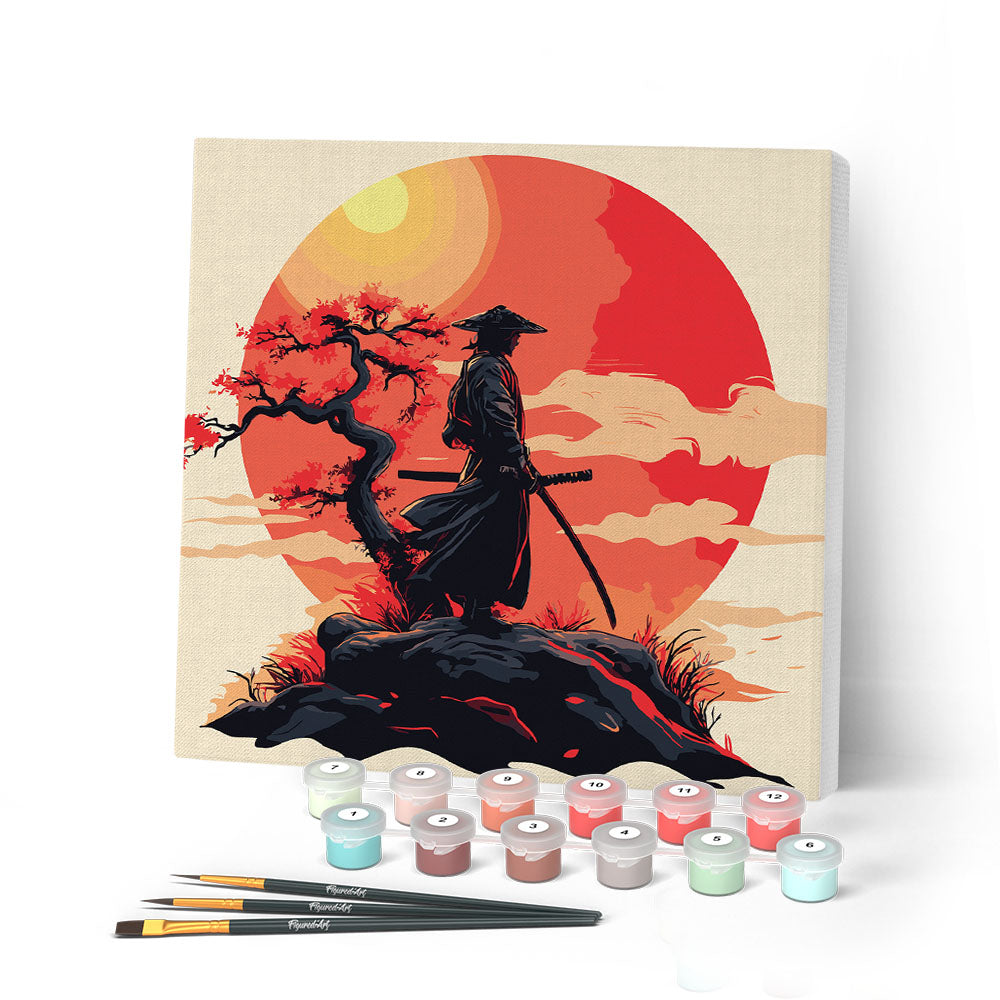 Mini Peinture Par Numéros 20X20Cm Avec Cadre Samourai Au Coucher Du Soleil
