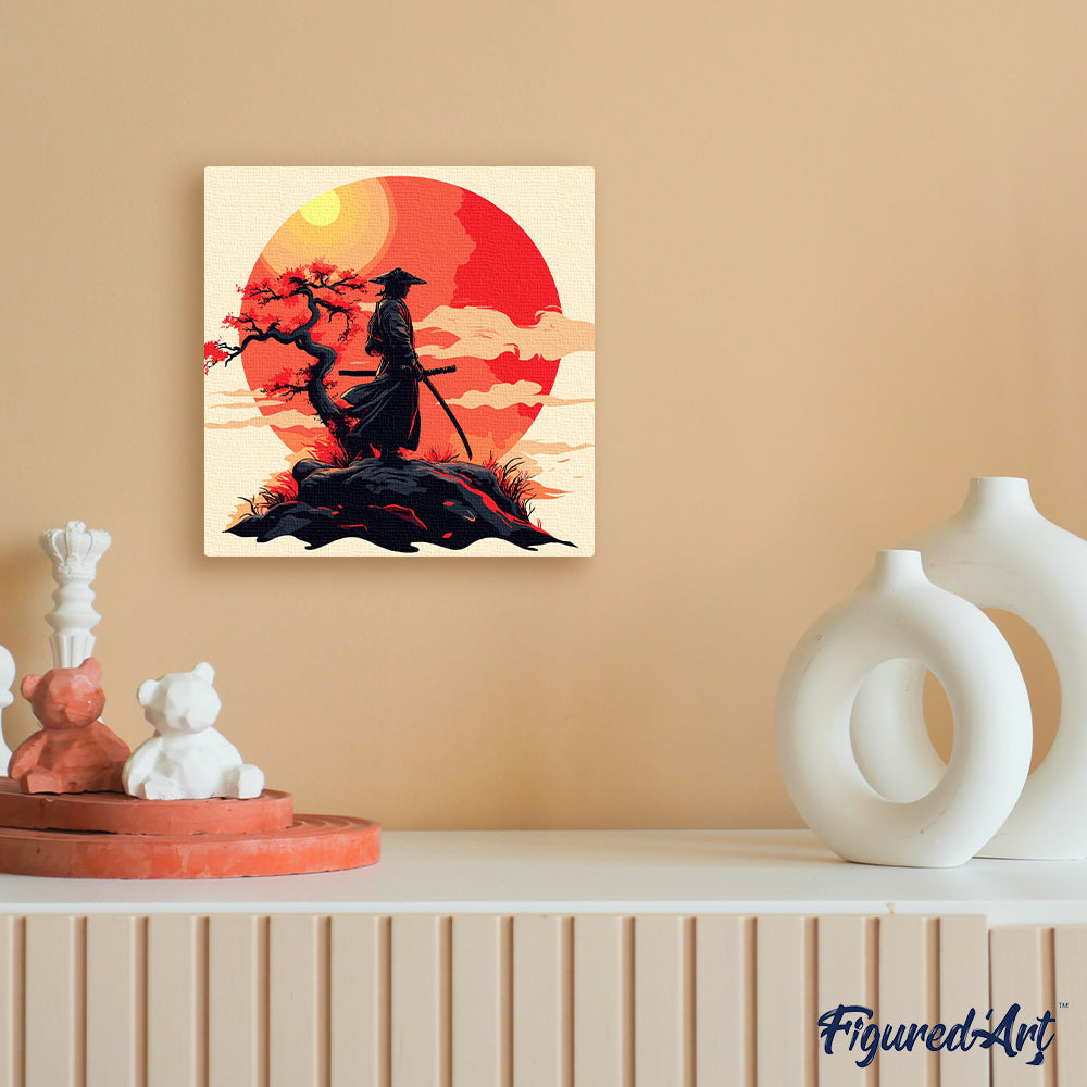 Mini Peinture Par Numéros 20X20Cm Avec Cadre Samourai Au Coucher Du Soleil
