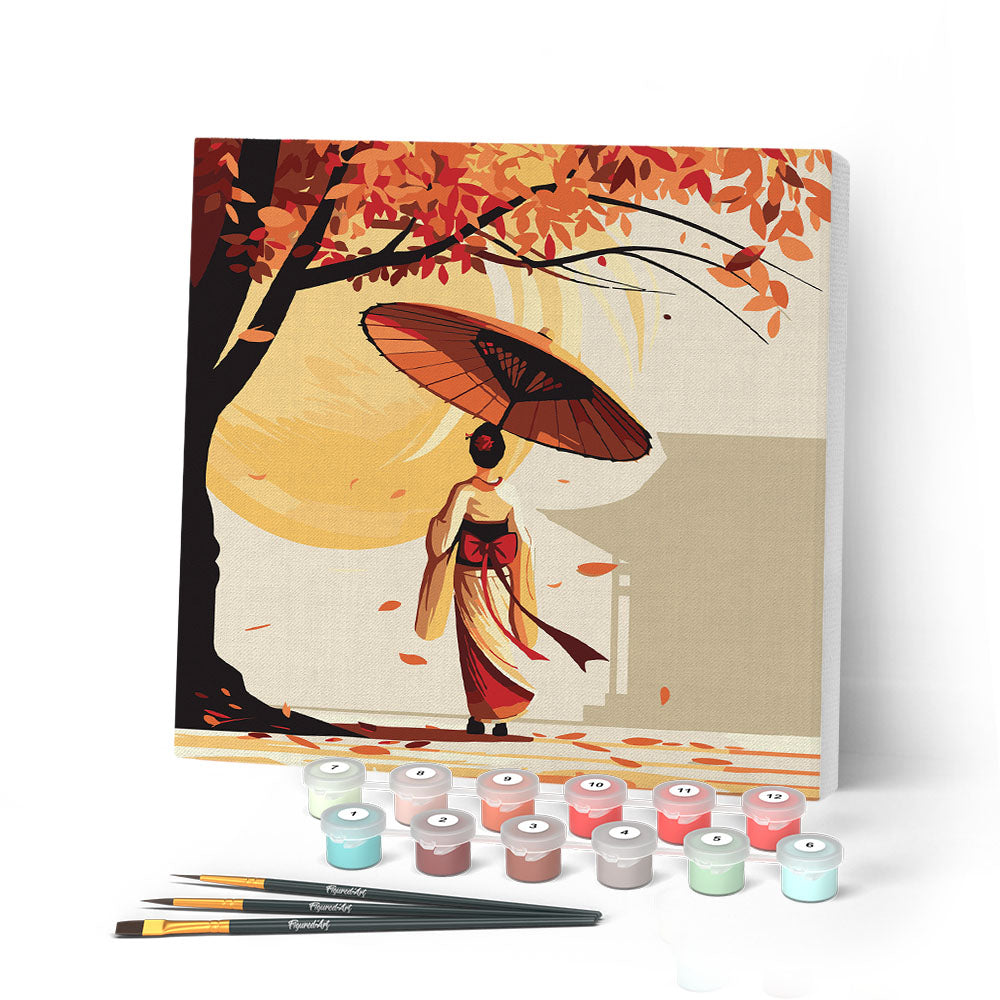 Mini Peinture Par Numéros 20X20Cm Avec Cadre Marche Paisible D'Une Geisha