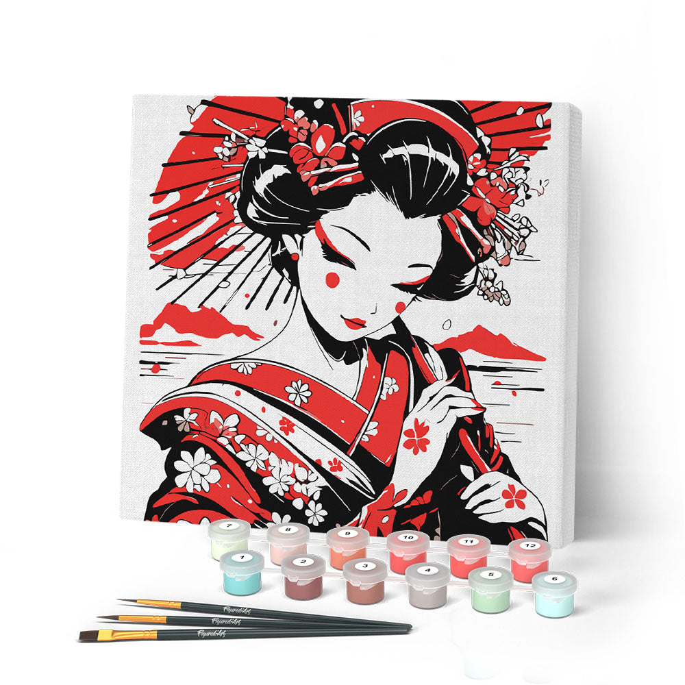Mini Paint By Numbers 20X20Cm With Frame Red And Black Geisha