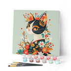 Mini Peinture Par Numéros 20X20Cm Avec Cadre Chat Floral En Kimono