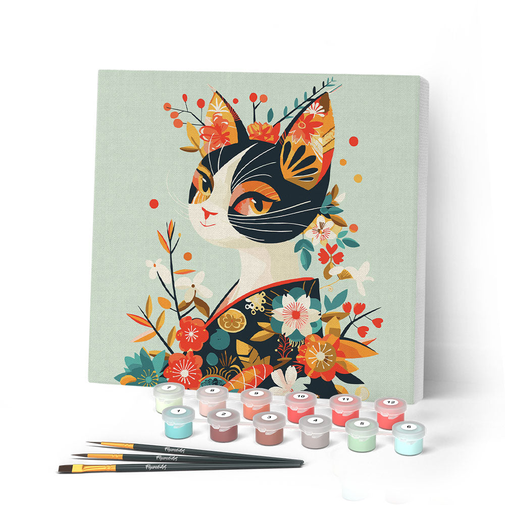 Mini Peinture Par Numéros 20X20Cm Avec Cadre Chat Floral En Kimono