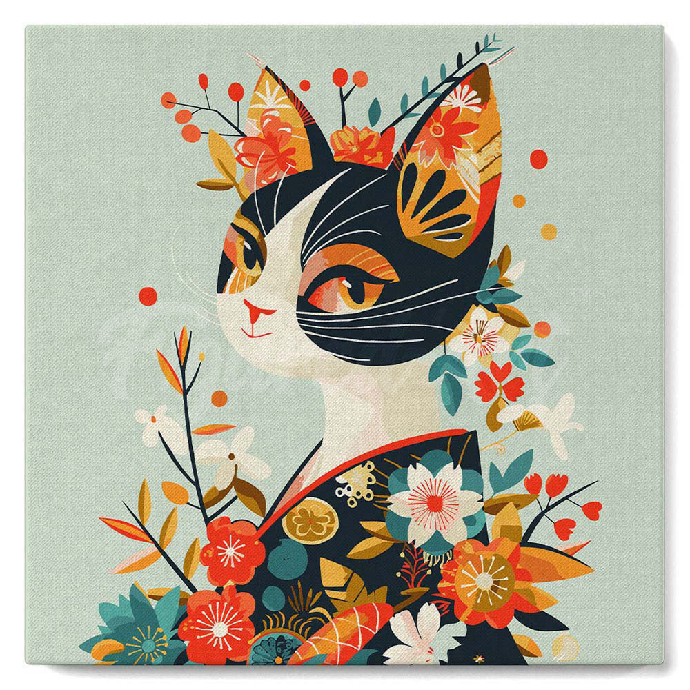 Mini Peinture Par Numéros 20X20Cm Avec Cadre Chat Floral En Kimono