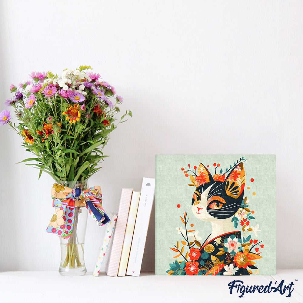 Mini Peinture Par Numéros 20X20Cm Avec Cadre Chat Floral En Kimono