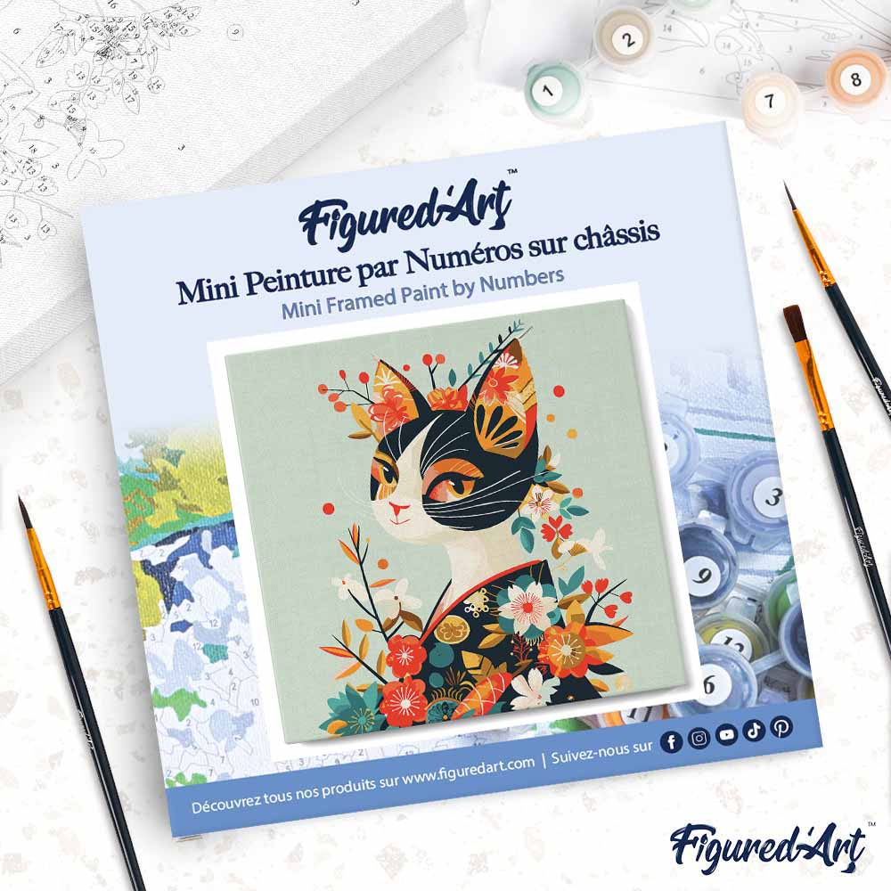 Mini Peinture Par Numéros 20X20Cm Avec Cadre Chat Floral En Kimono