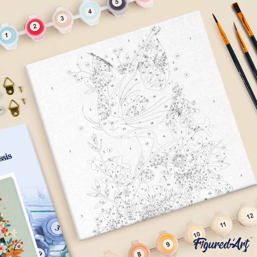 Mini Peinture Par Numéros 20X20Cm Avec Cadre Chat Floral En Kimono