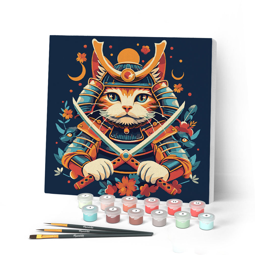Mini Peinture Par Numéros 20X20Cm Avec Cadre Chat Samouraï