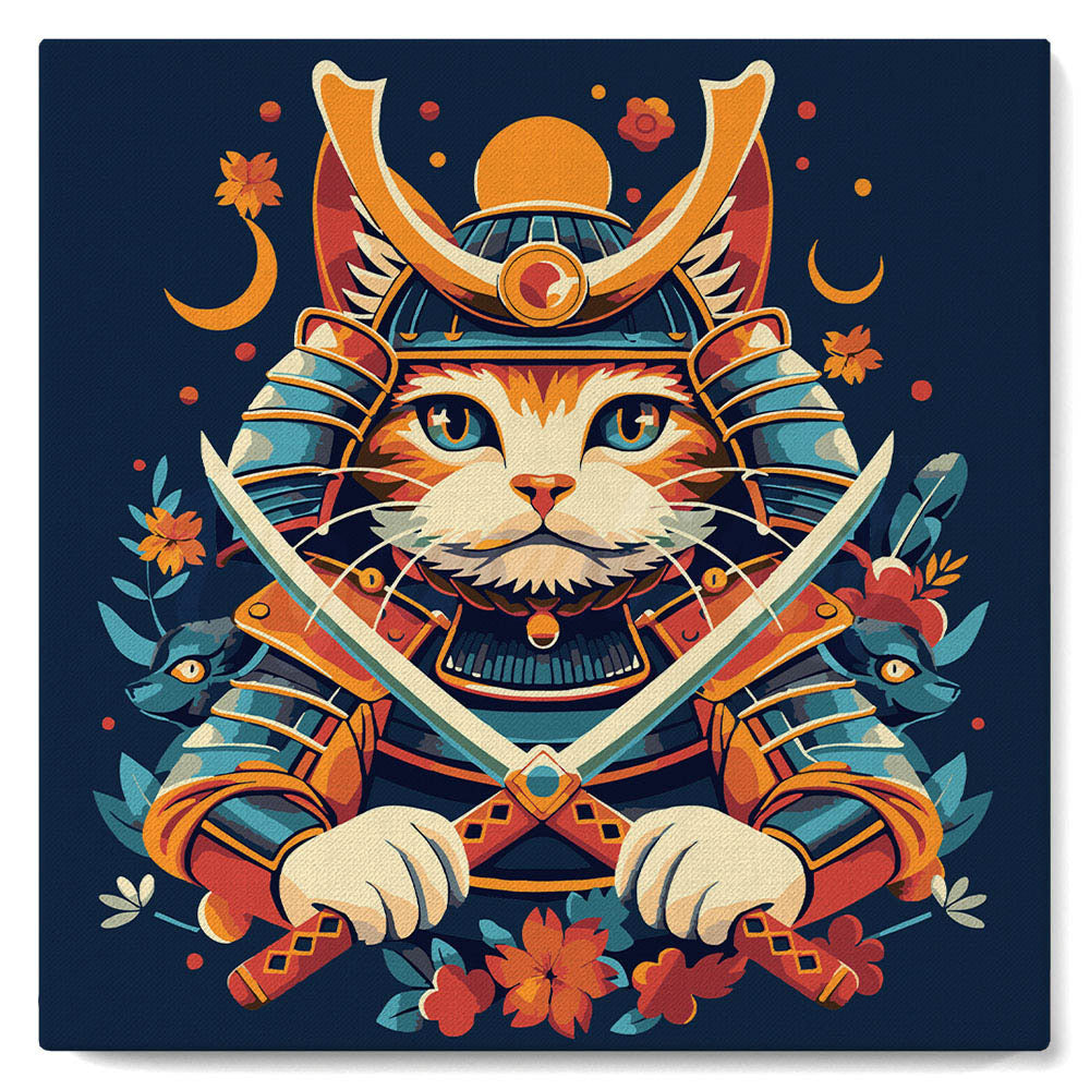 Mini Peinture Par Numéros 20X20Cm Avec Cadre Chat Samouraï