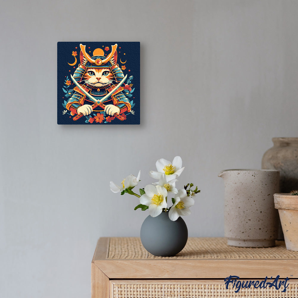Mini Peinture Par Numéros 20X20Cm Avec Cadre Chat Samouraï