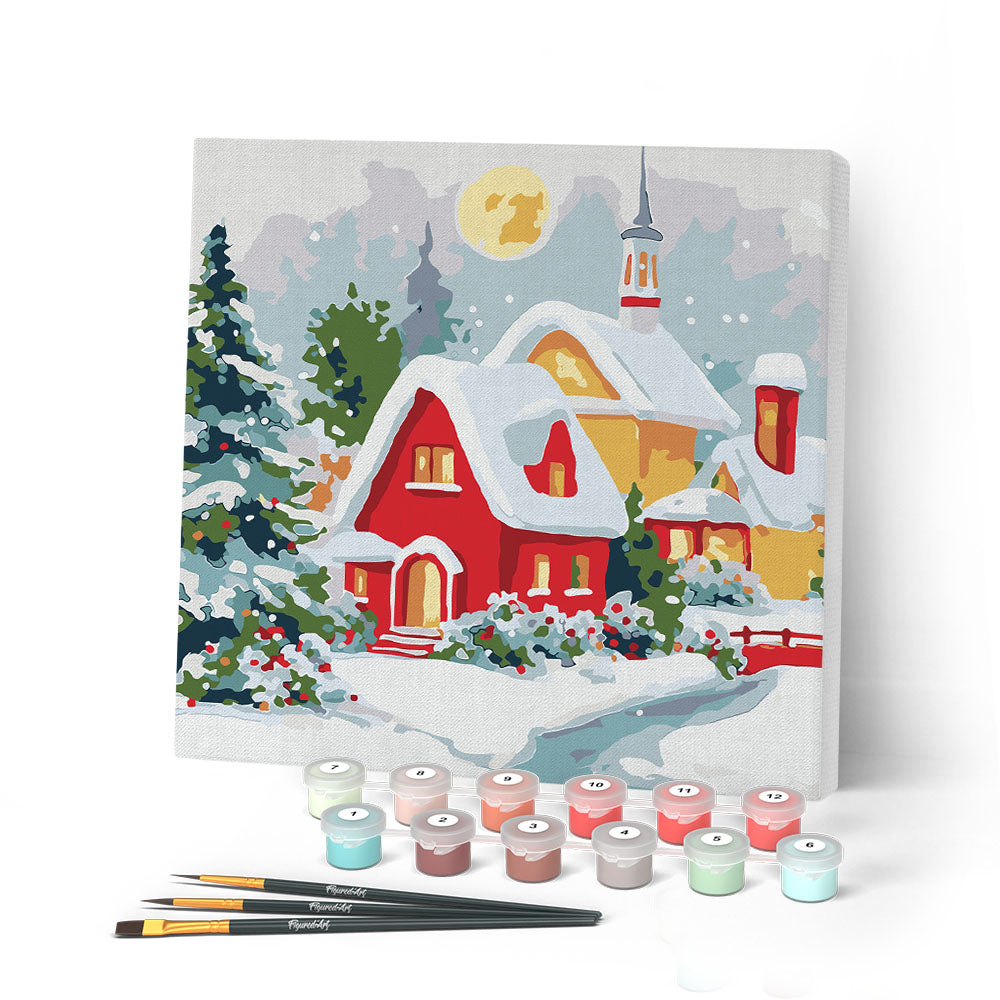 Mini Peinture Par Numéros 20X20Cm Avec Cadre Maison Rouge En Hiver