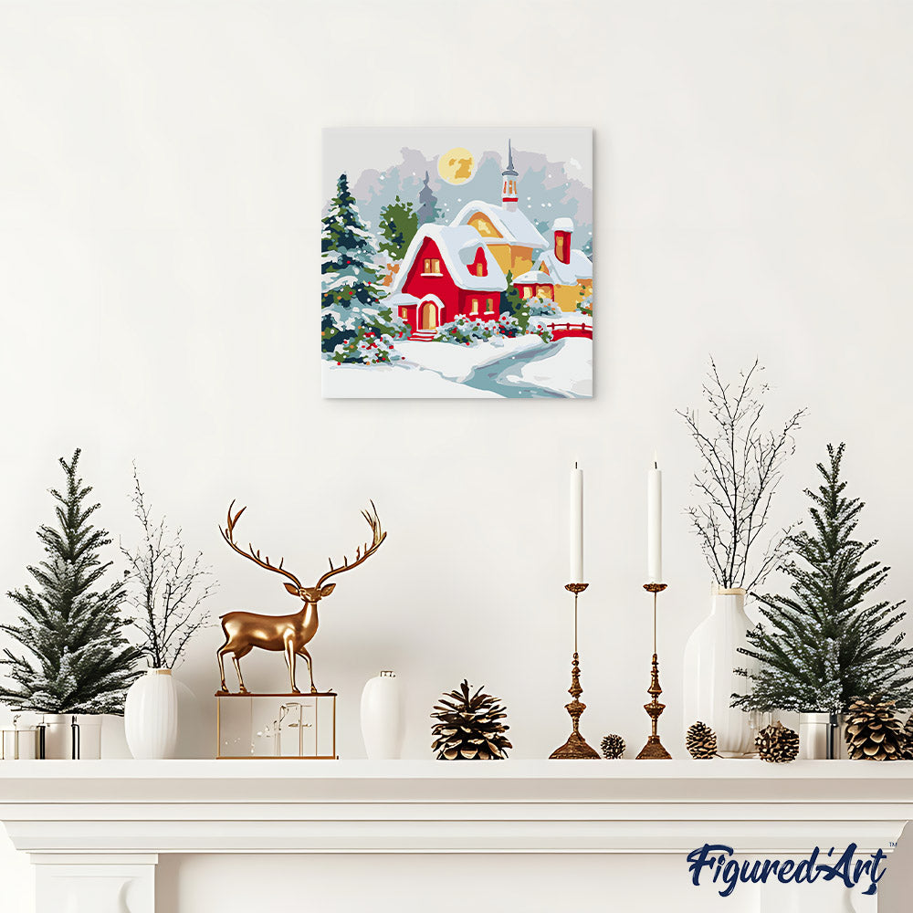 Mini Peinture Par Numéros 20X20Cm Avec Cadre Maison Rouge En Hiver