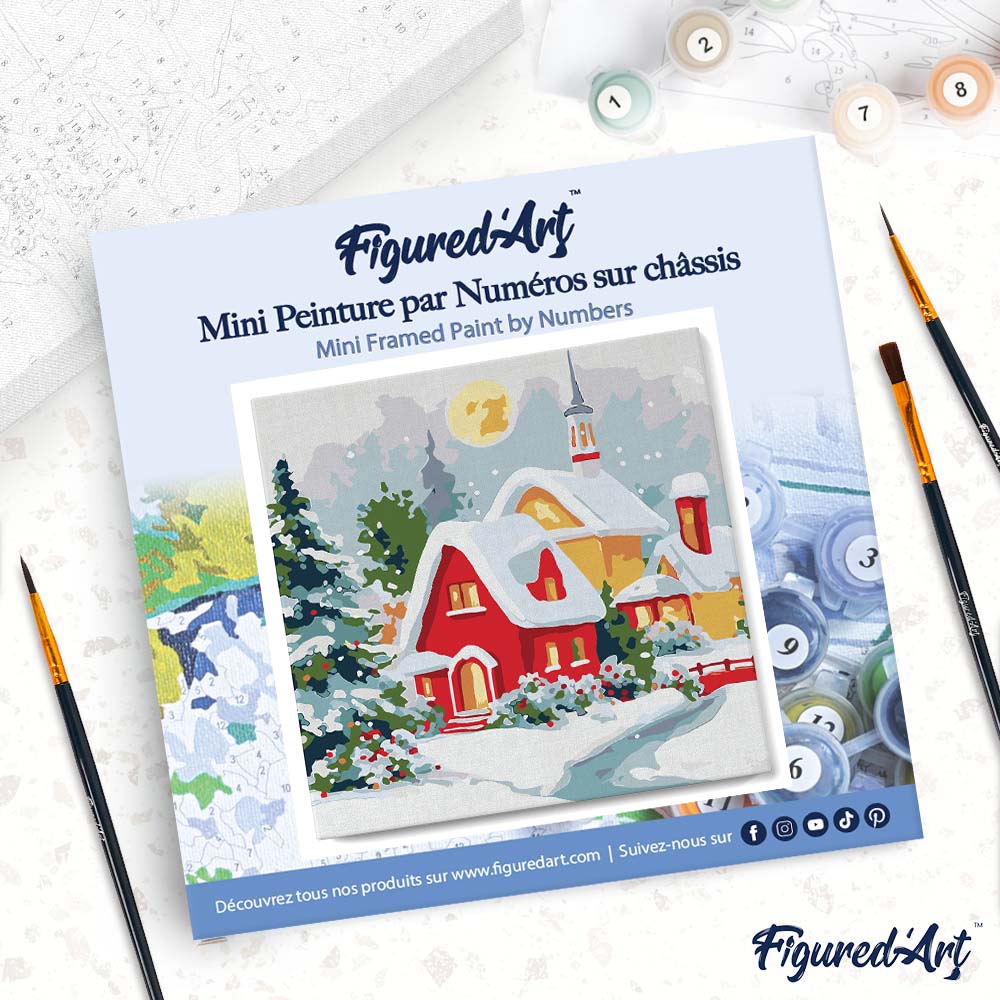 Mini Peinture Par Numéros 20X20Cm Avec Cadre Maison Rouge En Hiver