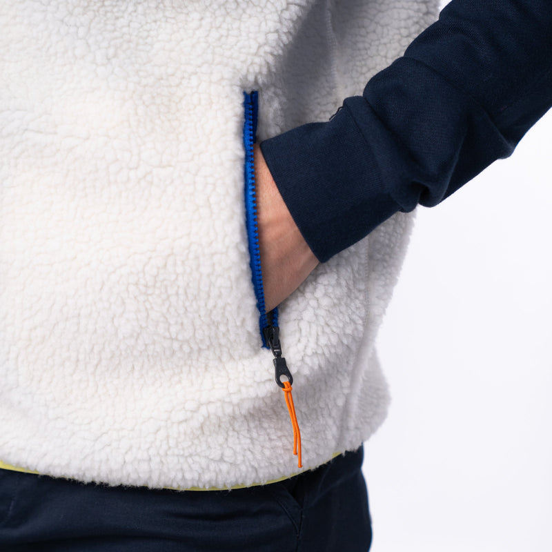 Chaqueta Sherpa mixta sin mangas con cremallera - Marfil y azul