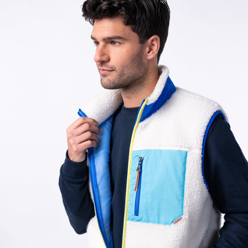 Chaqueta Sherpa mixta sin mangas con cremallera - Marfil y azul