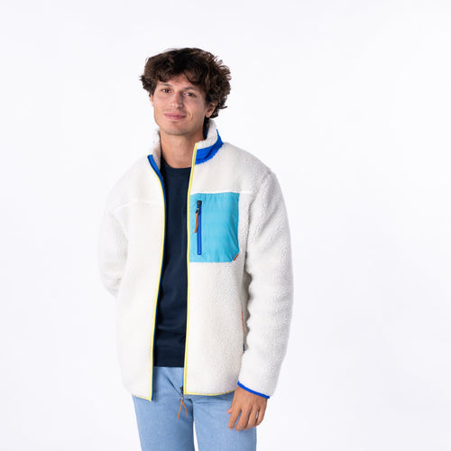 Chaqueta mixta sherpa con cremallera - Marfil y azul