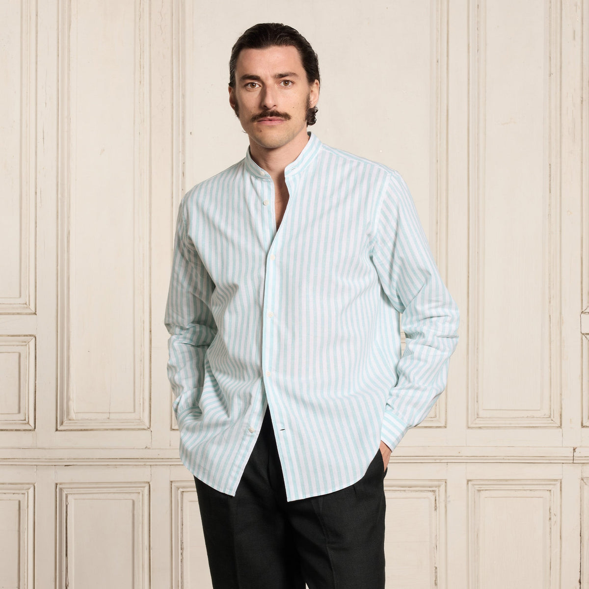 Chemise En Coton Et Lin À Rayures Turquoise