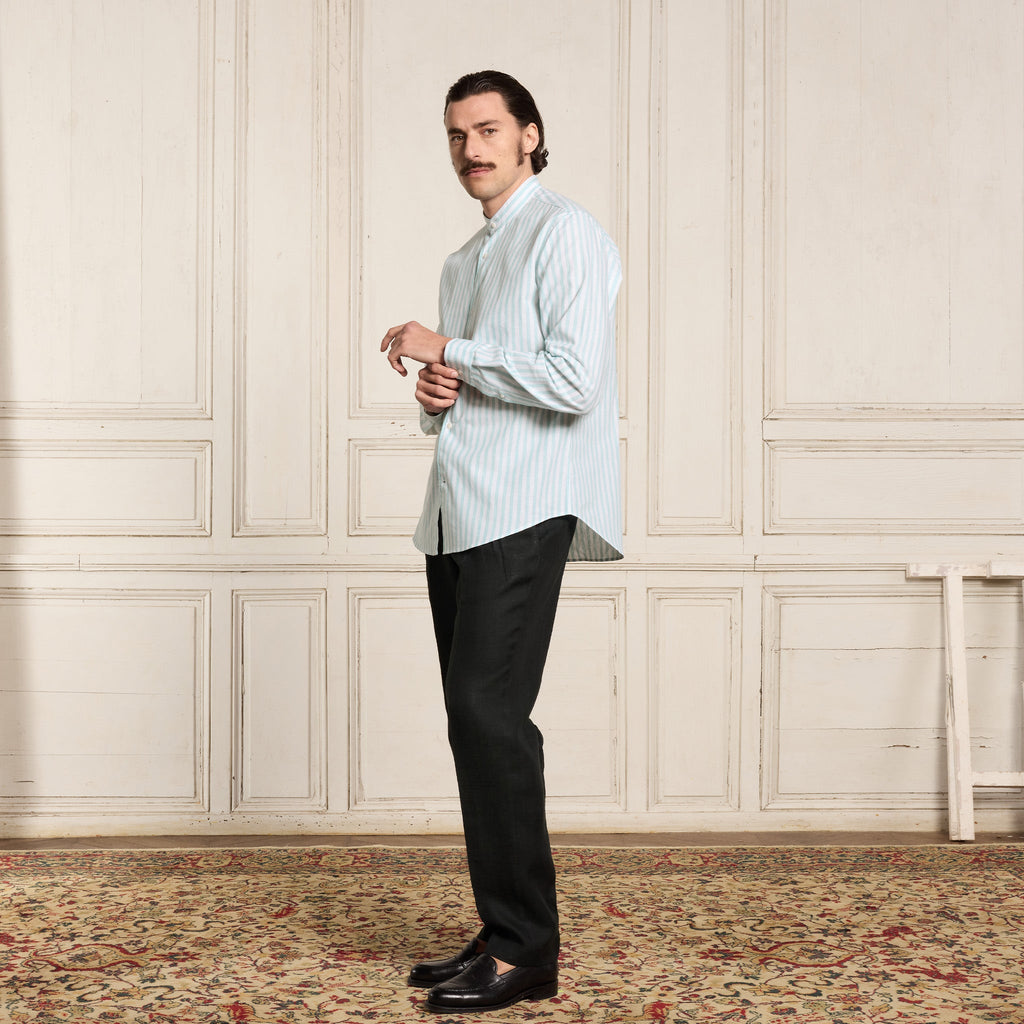 Chemise En Coton Et Lin À Rayures Turquoise