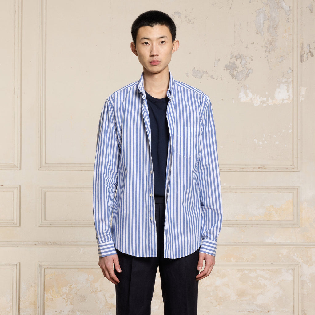 Chemise En Coton Et Lin À Rayures Bleues Et Blanches