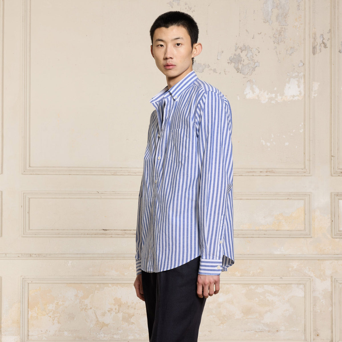 Chemise En Coton Et Lin À Rayures Bleues Et Blanches