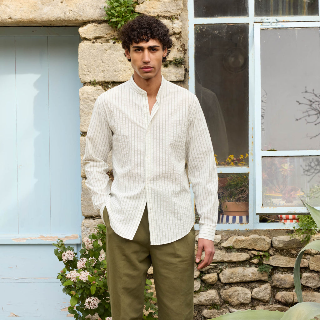 Chemise En Seersucker Écrue À Rayures Vertes