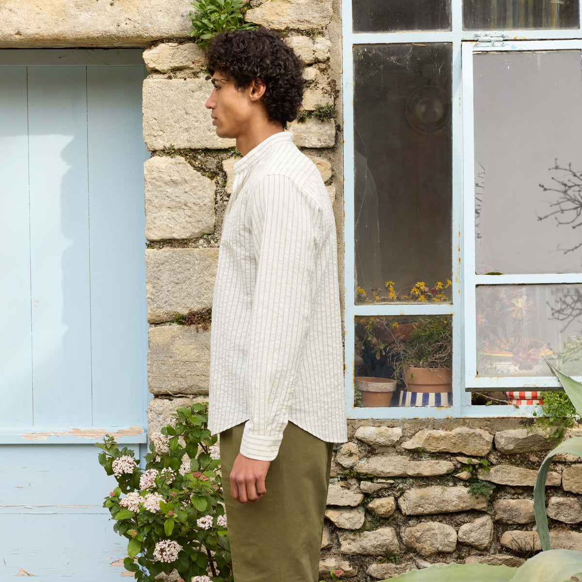 Chemise En Seersucker Écrue À Rayures Vertes