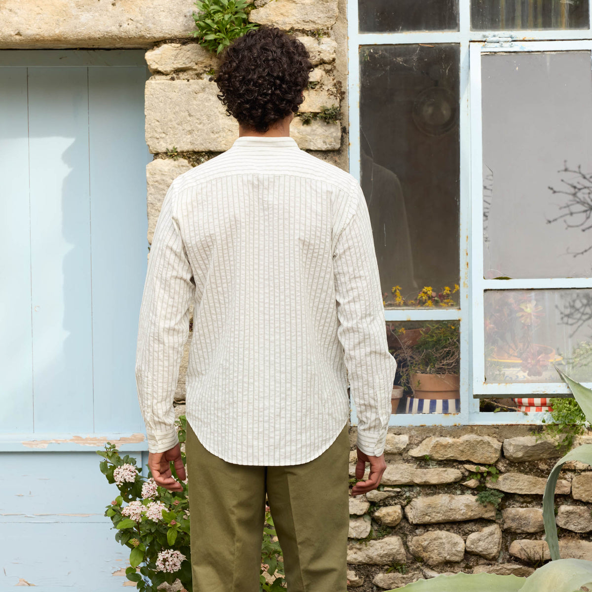Chemise En Seersucker Écrue À Rayures Vertes