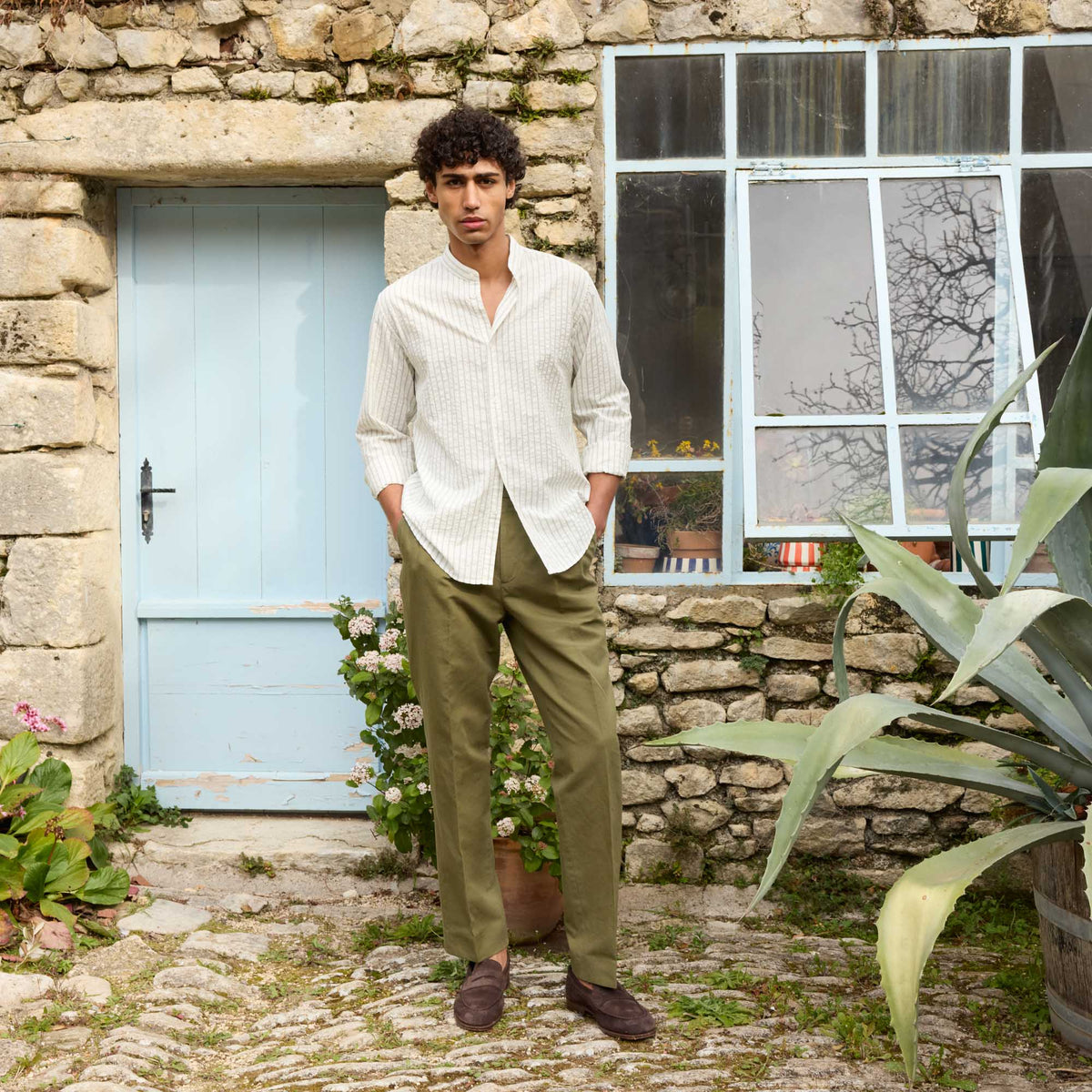 Chemise En Seersucker Écrue À Rayures Vertes