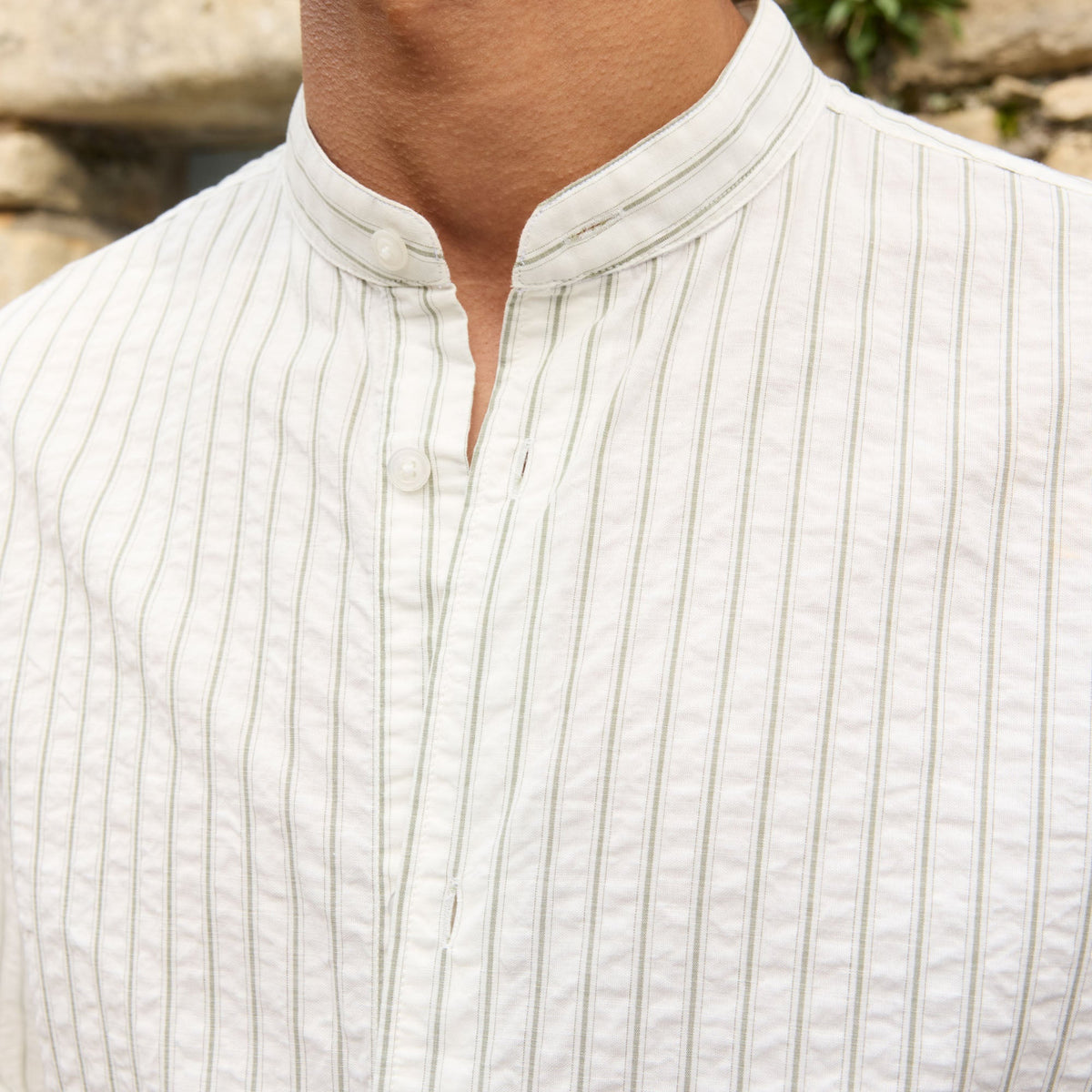 Chemise En Seersucker Écrue À Rayures Vertes