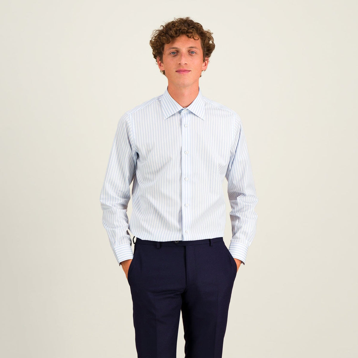 Chemise Cintrée En Popeline Double Retors À Rayures Bleu Ciel Et Blanches