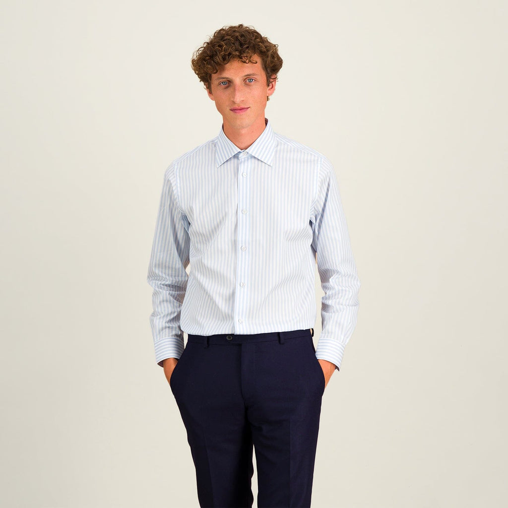 Chemise Cintrée En Popeline Double Retors À Rayures Bleu Ciel Et Blanches