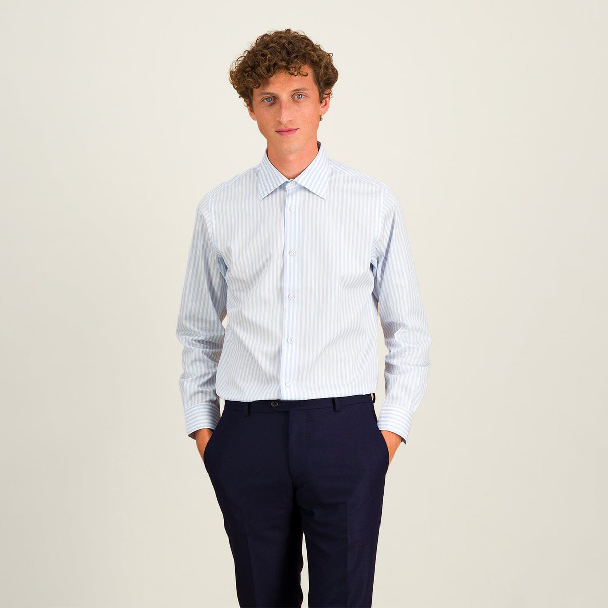 Chemise Cintrée En Popeline Double Retors À Rayures Bleu Ciel Et Blanches