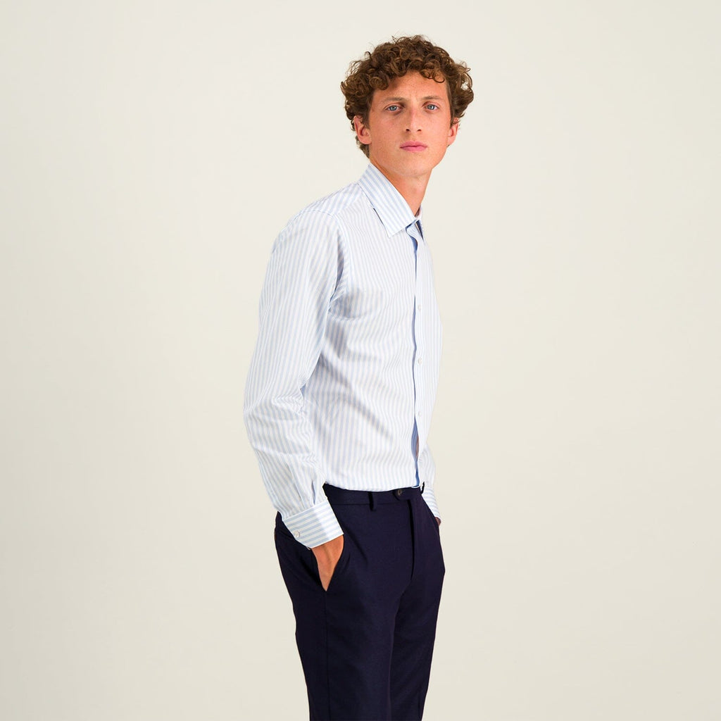 Chemise Cintrée En Popeline Double Retors À Rayures Bleu Ciel Et Blanches
