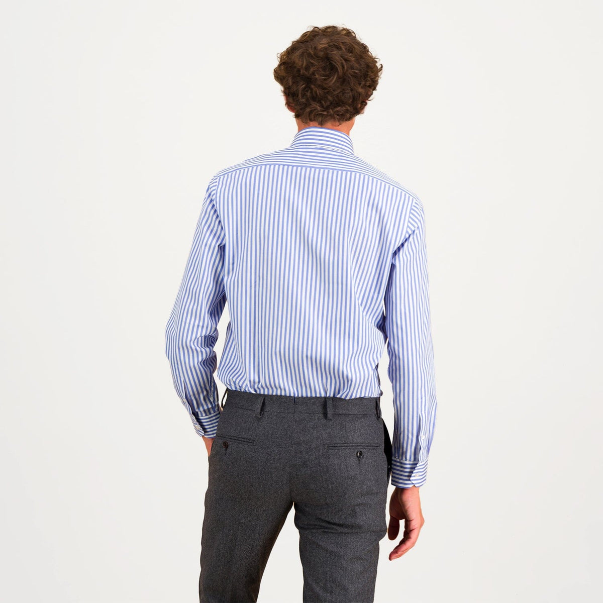 Double-twisted poplin shirt with blue and white stripes