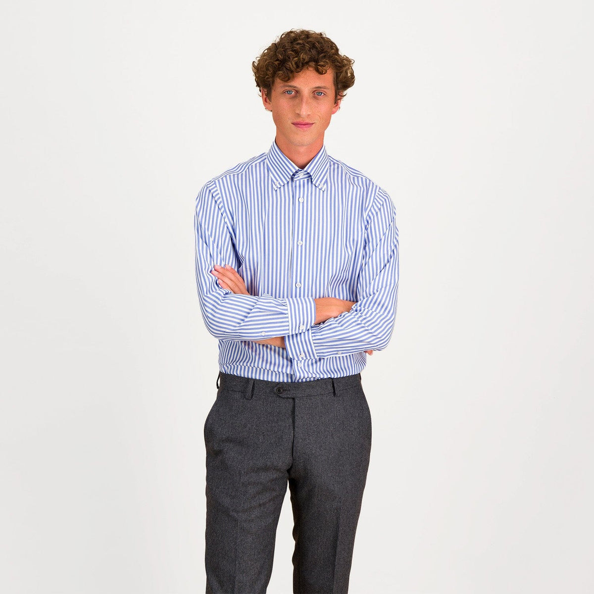 Chemise Cintrée En Popeline Double Retors À Rayures Bleues Et Blanches