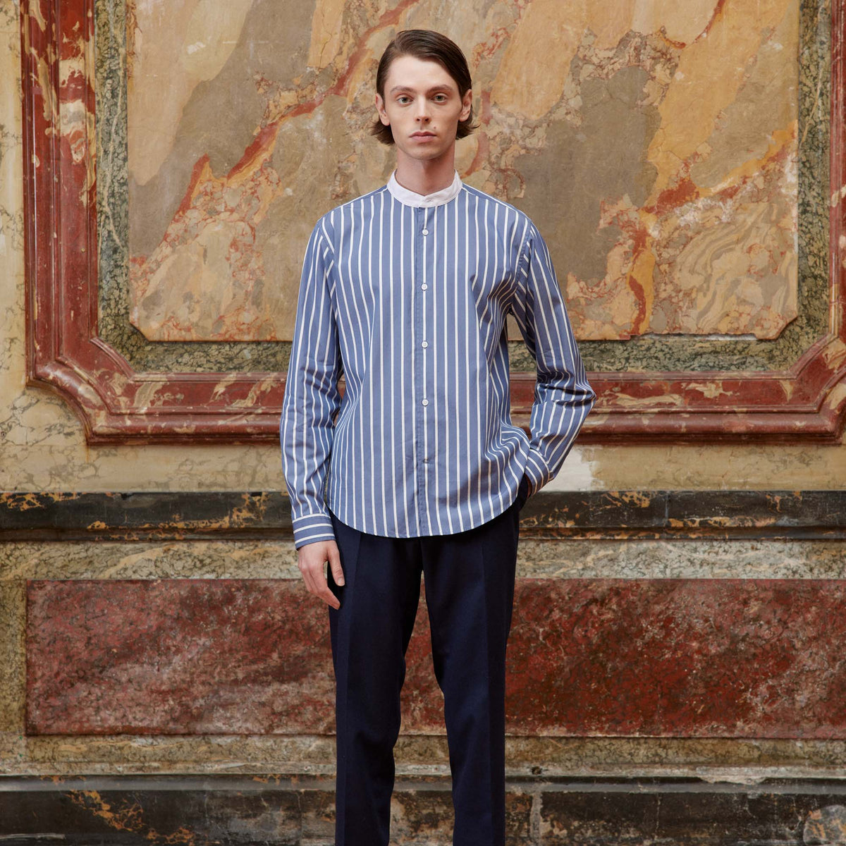 Chemise En Coton Bleue À Rayures Blanches