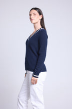 Pull Col V Cricket College Sia - Bleu Marine Et Blanc - Femme