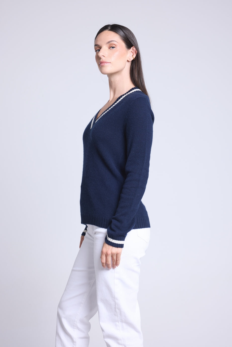 Pull Col V Cricket College Sia - Bleu Marine Et Blanc - Femme