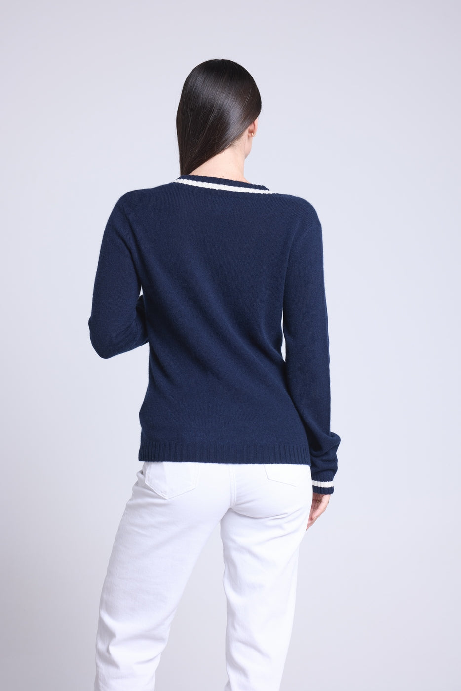 Pull Col V Cricket College Sia - Bleu Marine Et Blanc - Femme
