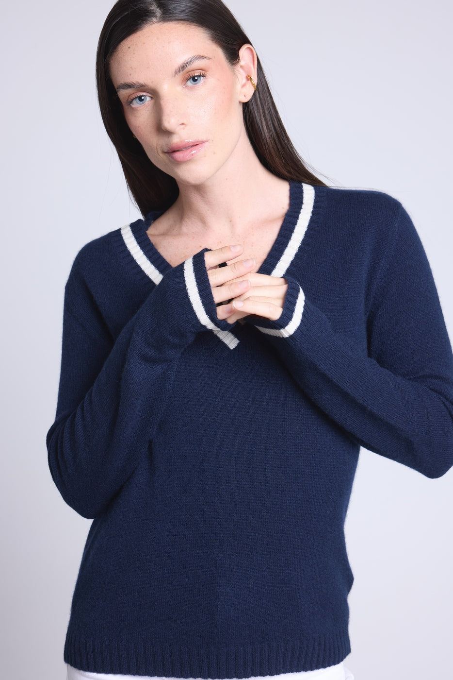 Pull Col V Cricket College Sia - Bleu Marine Et Blanc - Femme