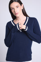 Pull Col V Cricket College Sia - Bleu Marine Et Blanc - Femme