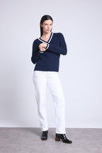 Pull Col V Cricket College Sia - Bleu Marine Et Blanc - Femme