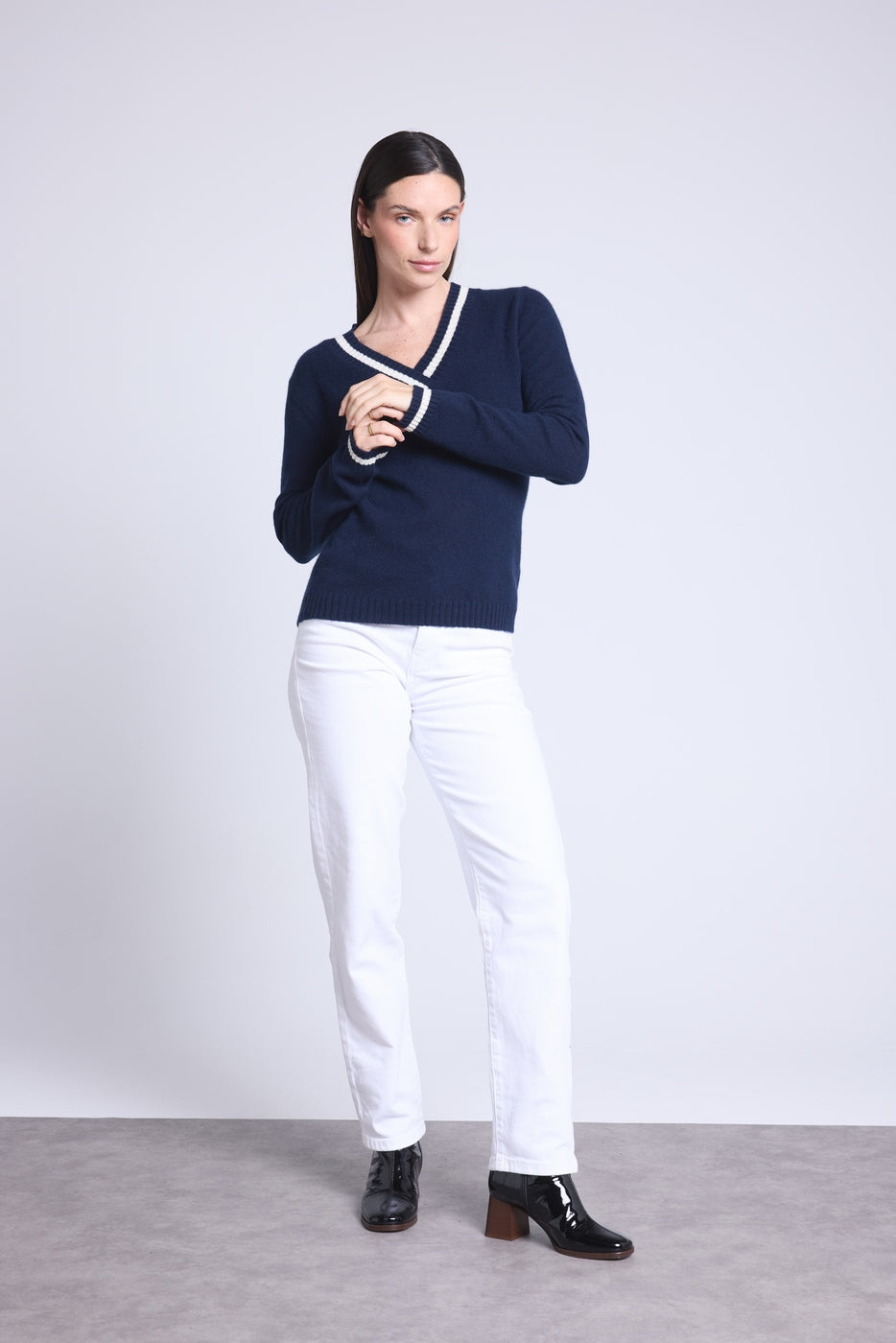 Pull Col V Cricket College Sia - Bleu Marine Et Blanc - Femme